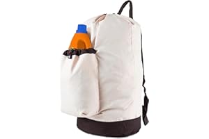 SEIRITEX Laundry Bag Backpack with Shoulder Straps and Detergent Holder Clothes, Travel Laundry Backpack Bag Hamper for College Dorm Room (Khaki w Brown)