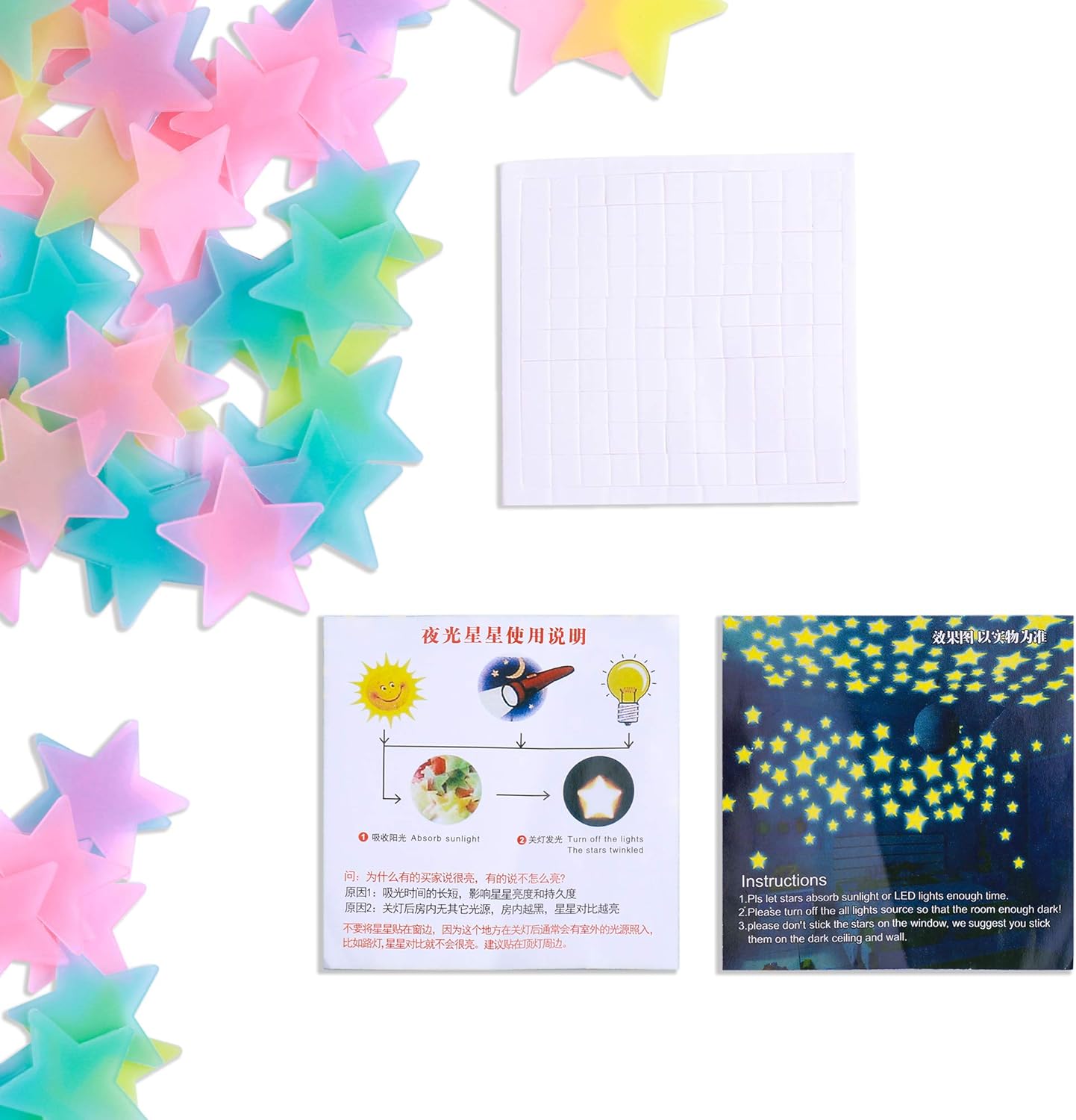 Amaonm 100 Pcs Colorful Glow in The Dark Luminous Stars Fluorescent Noctilucent Plastic Wall Stickers Murals Decals for Home Art Decor Ceiling Wall Decorate Kids Babys Bedroom Room Decorations: Home & Kitchen
