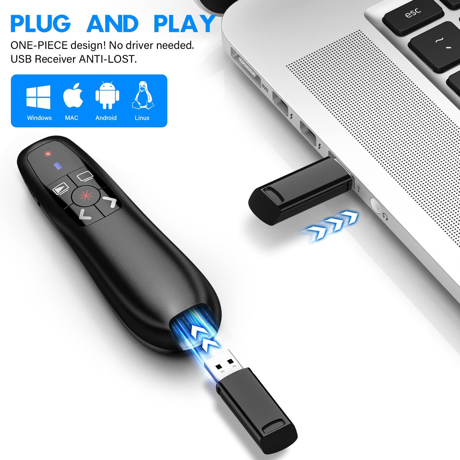 Presentation Clicker Wireless Presenter Remote Clicker for PowerPoint Presentation, Laser Pointer RF 2.4GHz USB PowerPoint Clicker Slide Advancer with Volume Control for Computer/Laptop/Mac