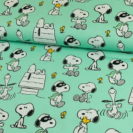 Stoffe Werning Baumwolljersey Lizenzstoff Peanuts Snoopy Maske Mint Kinderstoffe - Preis Gilt für 0,5 Meter -