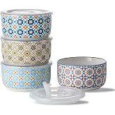 Chubacoo Ceramic Bowls Set with Lid, Microwave Safe, Set of 4 | Food Storage Containers for Soup , Meal Prep, Cereal, Salad Leftovers - Picnic, Camping, Office Lunch - 20 oz, C-Pattern