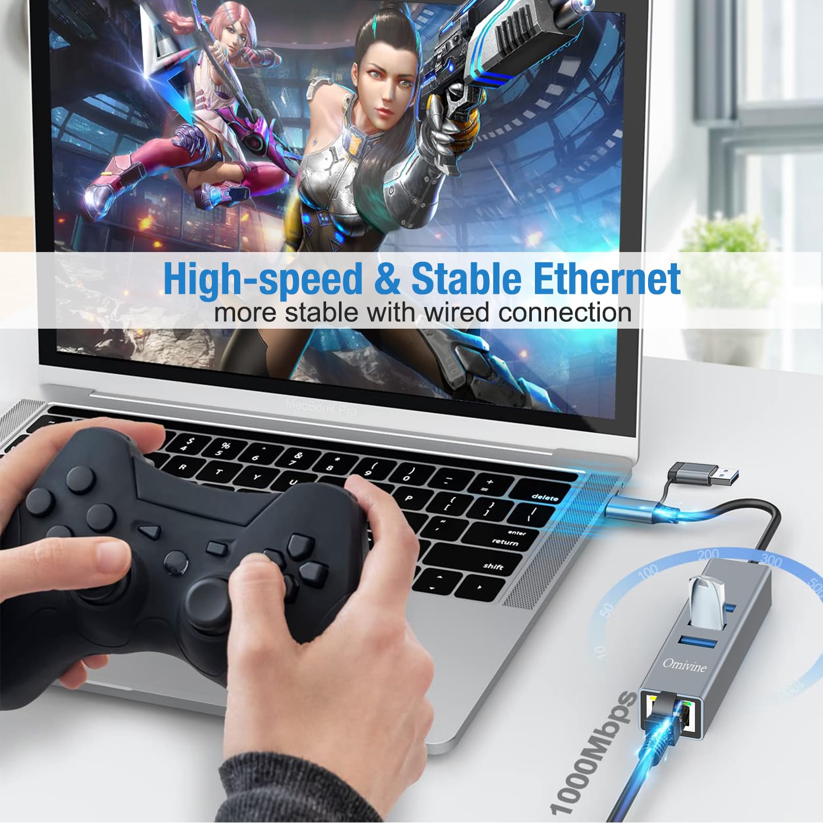 Usb To Ethernet Adapter, Usb-C Hub With 1000Mbps Gigabit Rj45 Lan Network Adapter, Usb-C To Ethernet Adapter With 3 Usb-3.0 Ports For Macbook Xps Surface Pro Linux Chromebook, Etc - View 6