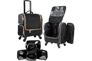 Stagiant Rolling Makeup Train Case, Professional Makeup Case, Travel Cosmetic Organizer Make Up Storage Bag for Makeup Artist, Hairstylist, Barbers, with 5 Toiletry Bags, Black