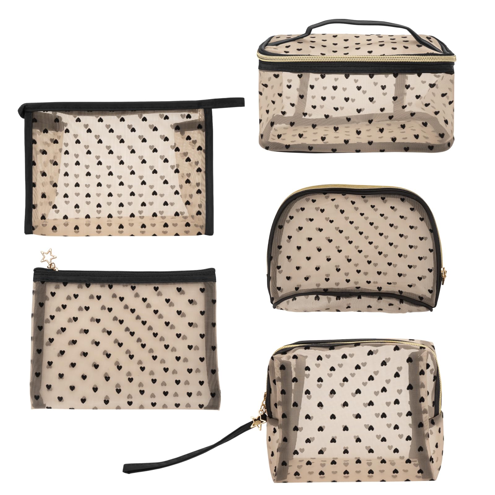 Adorila Mesh Makeup Bags, Heart Print Zipper Mesh Storage Pouch, Travel Cosmetic Accessories Organizer for Women, 5 Pack-Beige