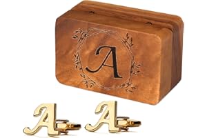 PROPHET CLUE PC Mens Initial Gold Cufflinks Brass Cuff Links A-Z Alphabet Letter with Engraved Walnut Wood Box Groom Groomsman Wedding