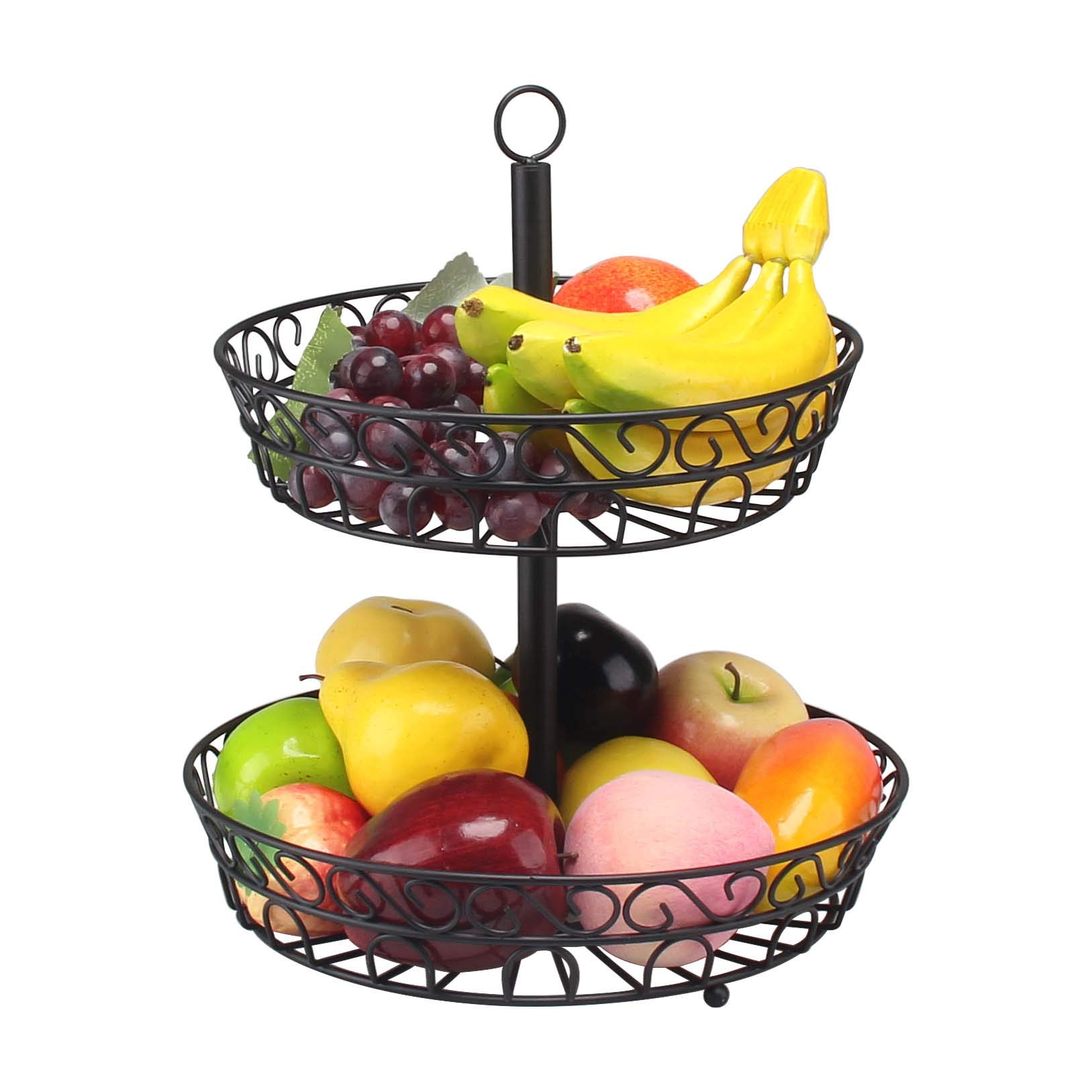 EVER RICH ® Two Tier Black Fruit Basket - COUNTERTOP Fruit Basket Keeps Your Fruits Fresh (2 Tier BLK Bowl)