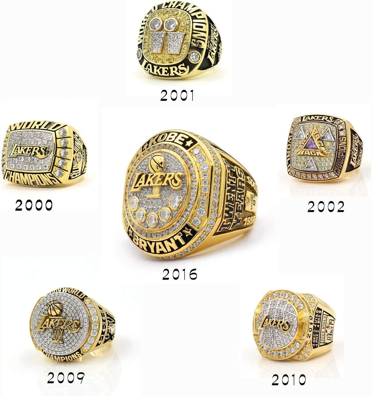 6pcs Set 2016 Kobe Retirement Commemorative Mamba Forever Ring And La Championship Replica Ring Lakers 2000 2001 2002 2009 2010 Size 11 With Deluxe Wood Box Rings
