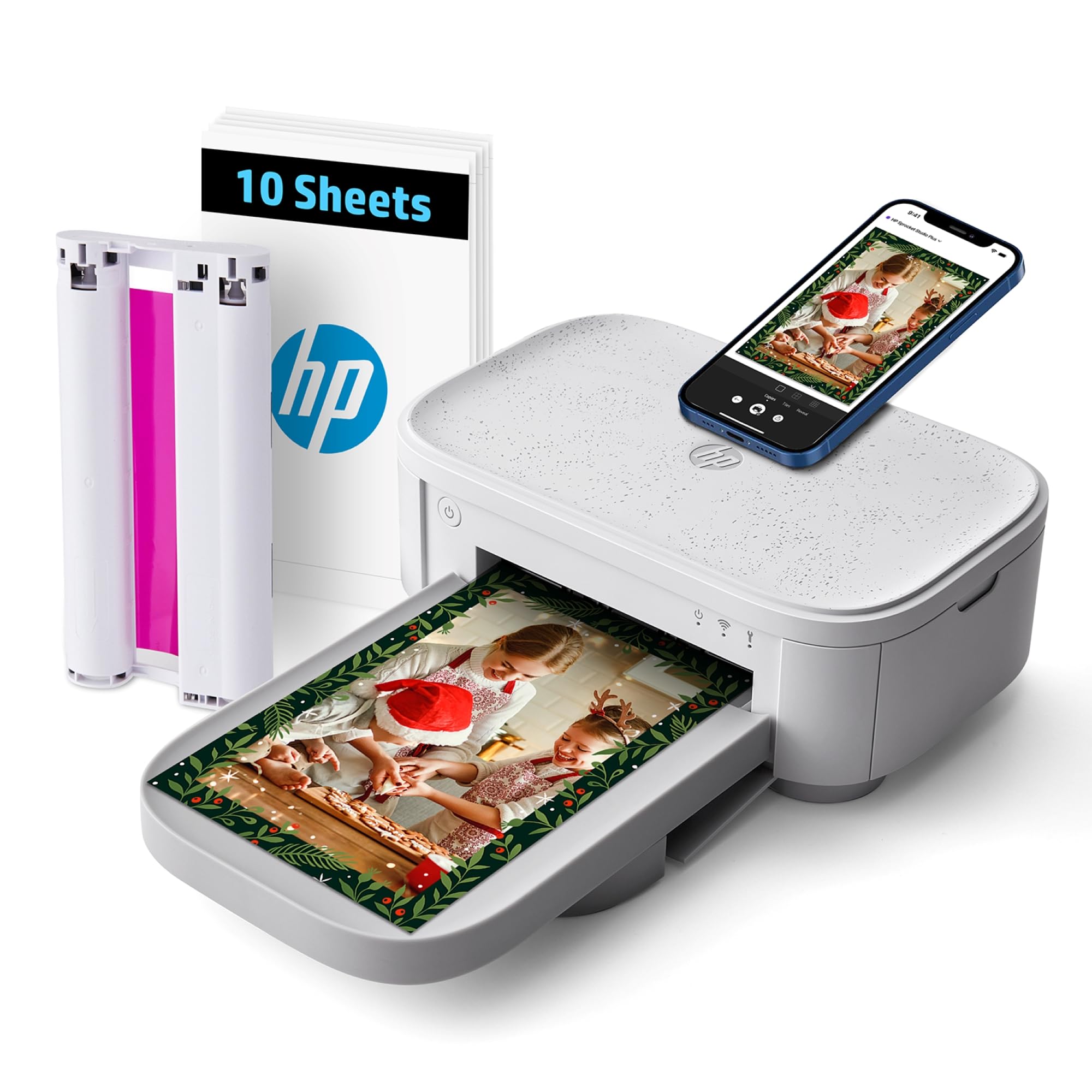 HP Sprocket Studio Plus 4x6 (10.2x15.2 cm) Wireless Instant Photo Printer, 10 Sheets + Cartridge, Wi-Fi, Premium Dye-Sub, Vibrant Color Pictures, Editing App for Photos, For Home Use or Portable,White