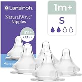 Lansinoh NaturalWave Baby Bottle Nipples, Slow Flow (S), 4 Count | 1+ Month, 100% Soft, Durable Silicone, Made without BPA BPS, Anti-Colic, Supports Baby's Developing Mouth and Teeth