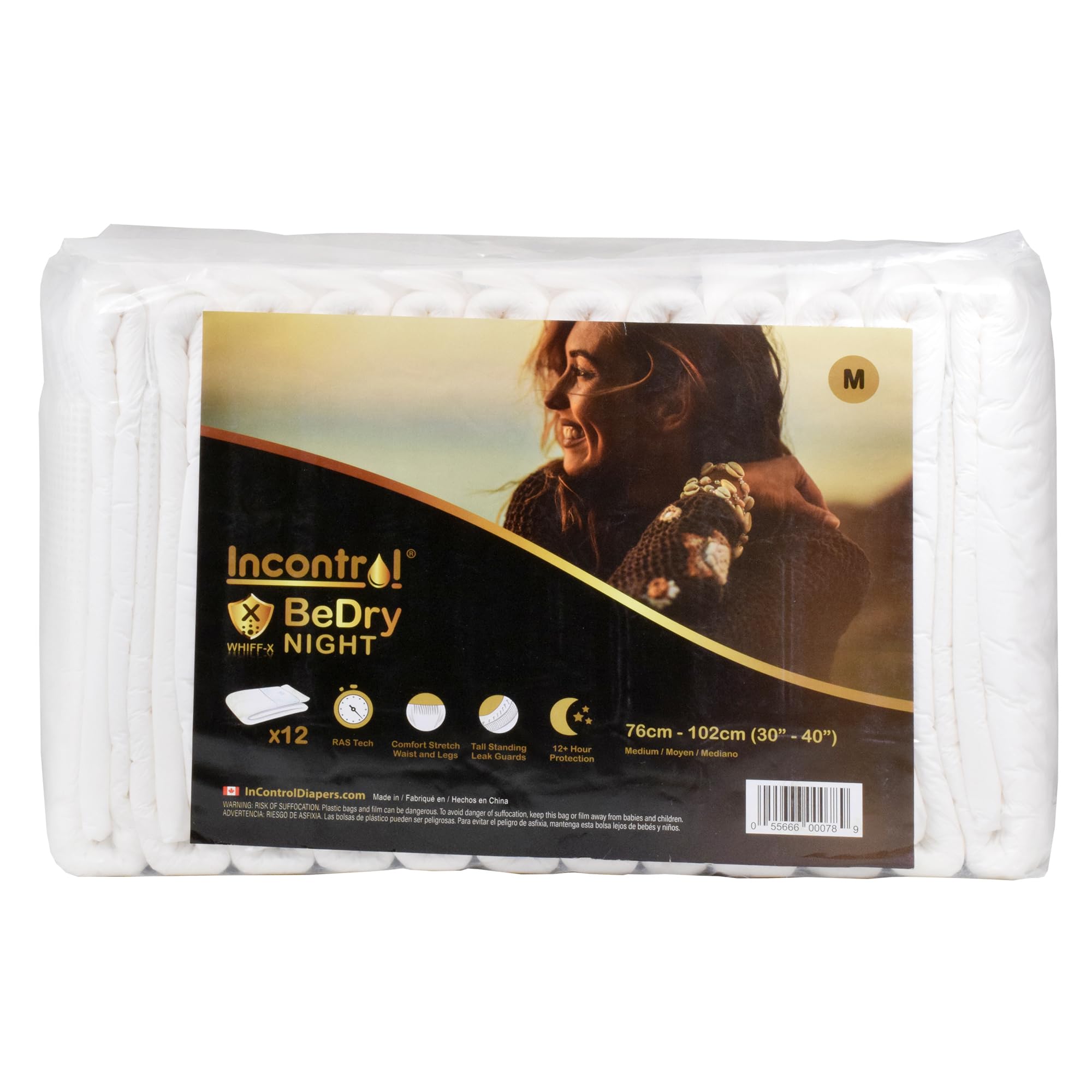 Photo 1 of InControl BeDry Ultra Premium Night Incontinence Tabbed Briefs for Women and Men - Adjustable Unisex Maximum Absorbency Disposable Diapers with Whiff-X Odor Elimination Technology (Medium, 12 Pack)