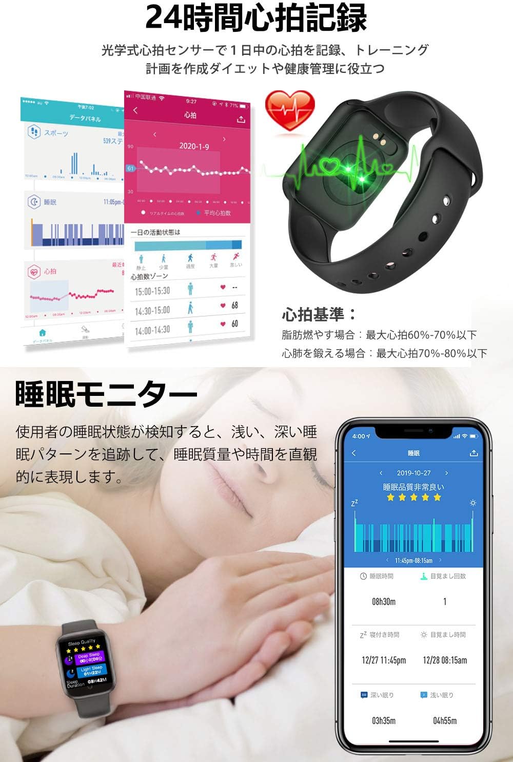 Briskyjp スマートウォッチ IP67防水 活動量計 歩数計 スマートブレスレット 消費カロリー 睡眠検測