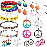 Remuuly 16 Pcs Hippie Costume Accessories for Women 60s 70s Accessory Set Headband Hippie Sunglasses Peace Sign Earrings and Necklace Jewelry Outfits Men Women Costume Party Supplies