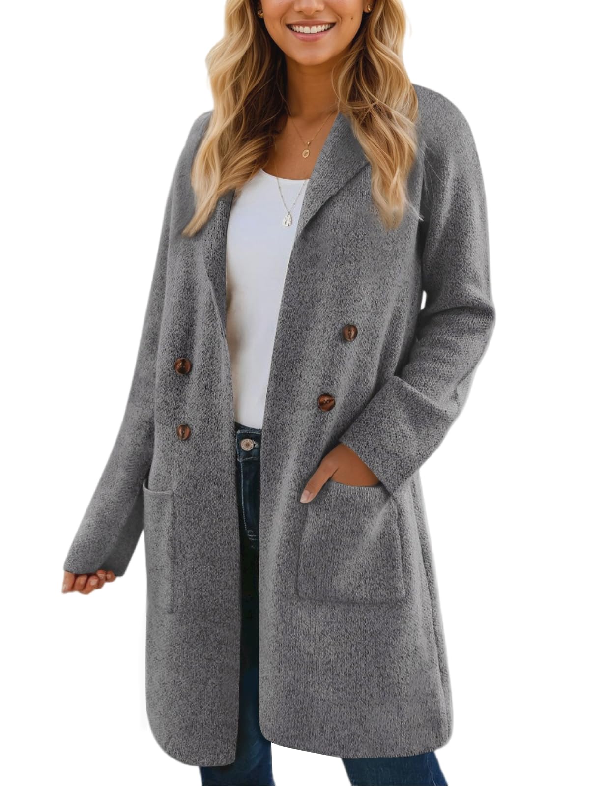 Photo 1 of VIMPUNEC Fall Long Cardigan Sweaters for Women Trendy Open Front Coats Knit Jackets Coatigan with Pockets Gray XL