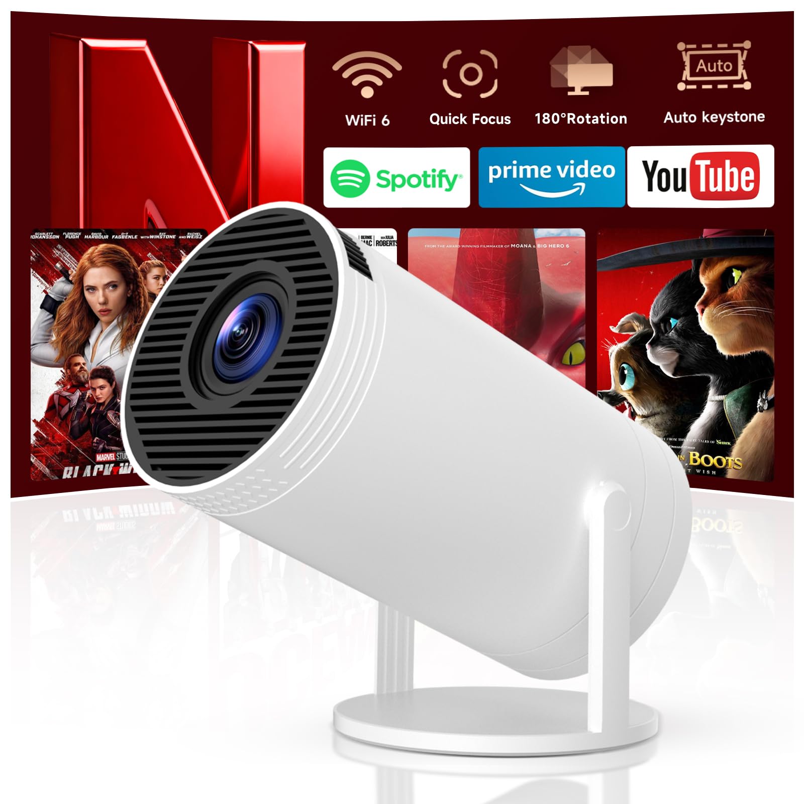 Photo 1 of ***Damaged Lens - sold for parts - Final Sale****Mini Projector with WiFi 6 and Smart TV OS, Portable Projector 4K support, Home bedroom video projector, Bluetooth & Auto Vertical Keystone 180°Rotatable Proyector[Built-in App] (S100)