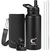 Coolplus 32 oz Water Bottle Insulated, Stainless Steel Water Flask With Straw Metal Double-Walled Vacuum With Carry Sleeve Leakproof, Keep Cold 48 Hrs Hot 24hrs, Black