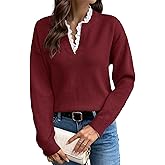 V Neck Sweaters for Women, Long Sleeve Lace Trim Knit Sweater Fall Casual Lightweight Pullover Top