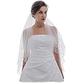SAMKY 2T 2 Tier Crystal Pearl Beaded Bridal Wedding Veil with Comb Elbow Fingertip Length for Bride