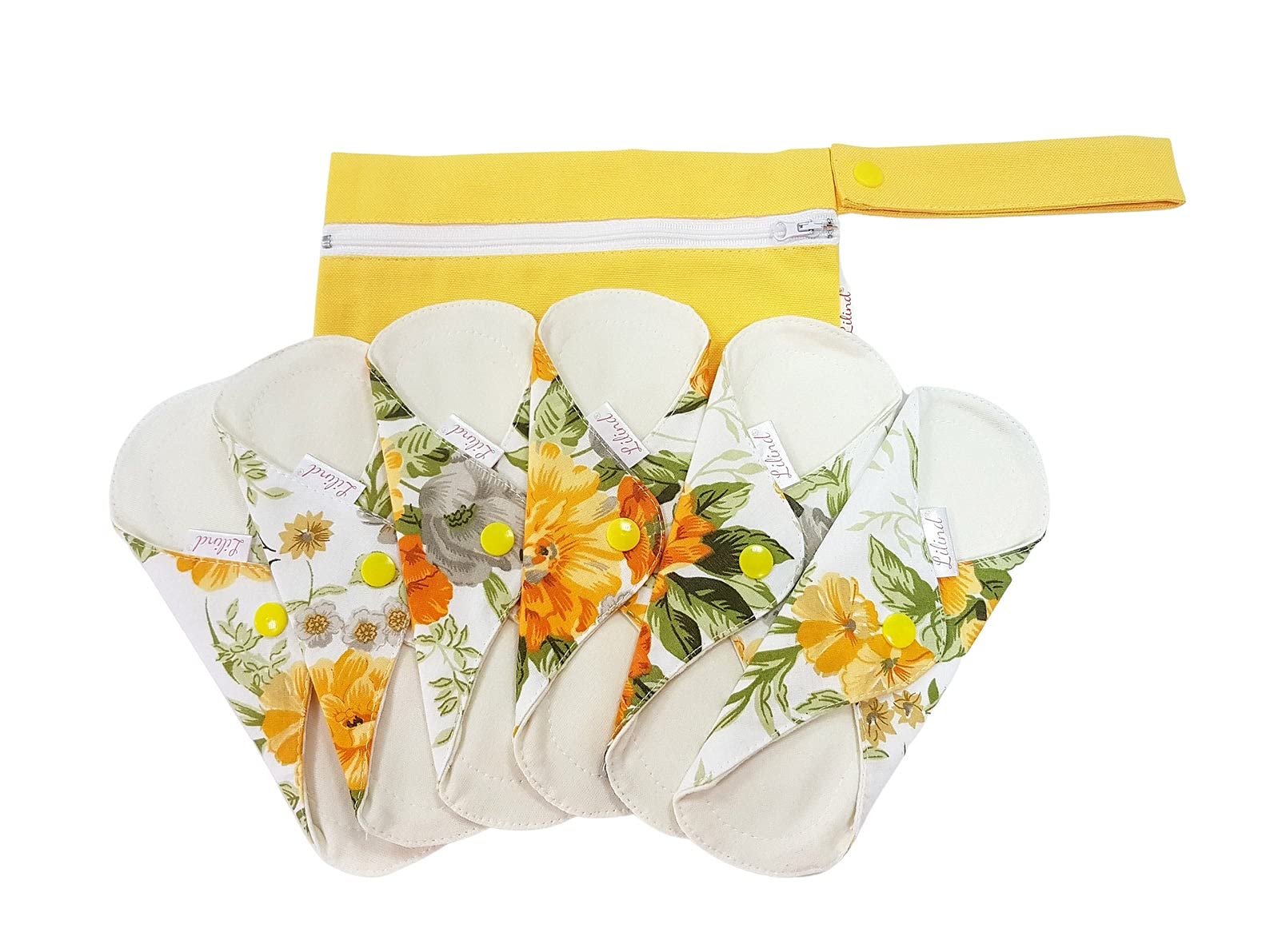 Lilind® 6 Pack 9" Organic Cloth Pads, Starter Set, Free Zip Wet Bag, Reusable Waterproof Menstrual Sanitary Napkins, 100% Cotton, Yellow Flowers