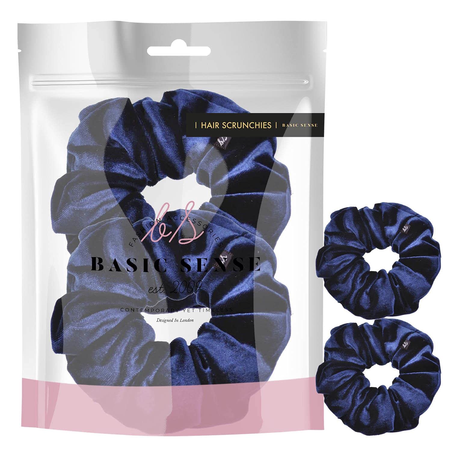 Luxurious Premium Quality Velvet Solid Classic Hair Ties/Bands for Hair Updo Ponytail Scrunchies, 2pcs (Plain, Navy)