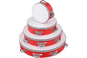 MAHIONG 4 PCS 4" 6" 8" 10" Red Wooden Tambourine Set, Musical Instrument Tambourine Set, Handheld Drum Bell Metal Jingles Single Row Percussion for Church, Party