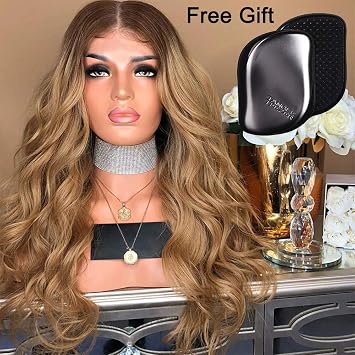 Funtress 427 Blonde Ombre Human Hair Lace Front Wigs Loose Wave 130 Density Dark Roots