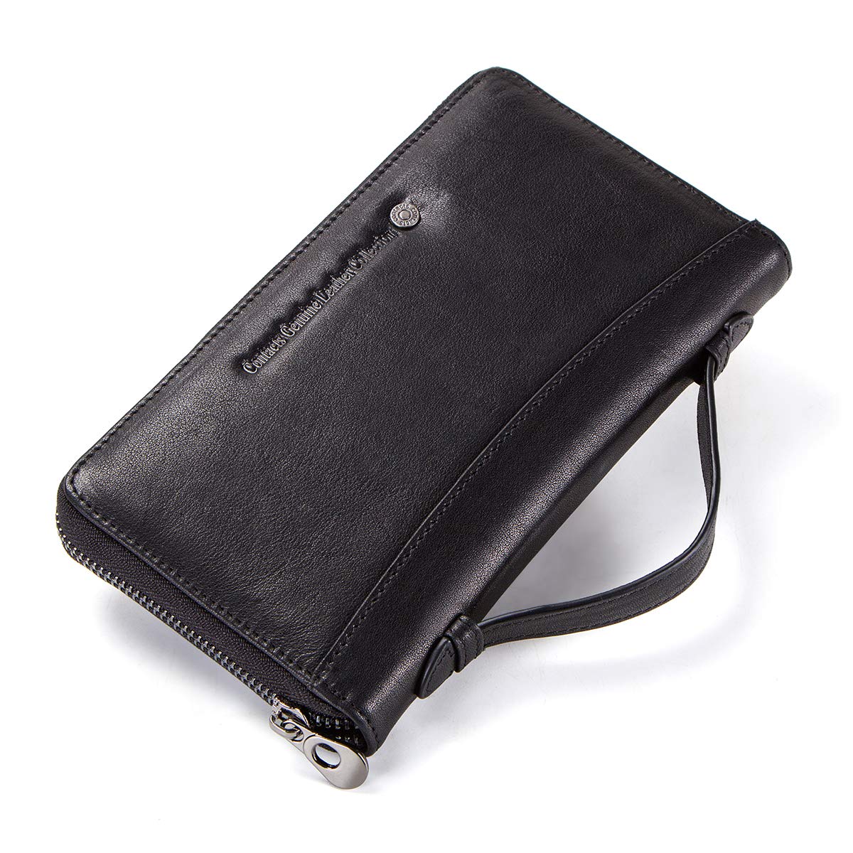 Contacts Real Leather Mens Card Passport Wallet Zipper Purse Long Phone Bag (Black)