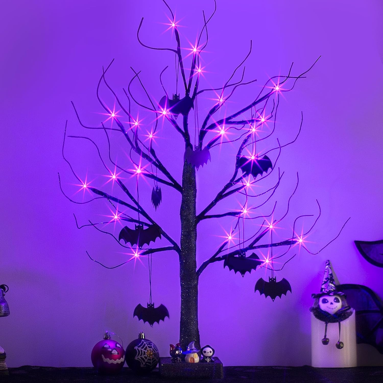 Trees - Vanthylit 2FT Black Spooky Tree Glittered with 24LED Purple Lights and Bat Decorations Battery Powered Tabletop Bonsai Tree Decoration for Halloween and Indoor