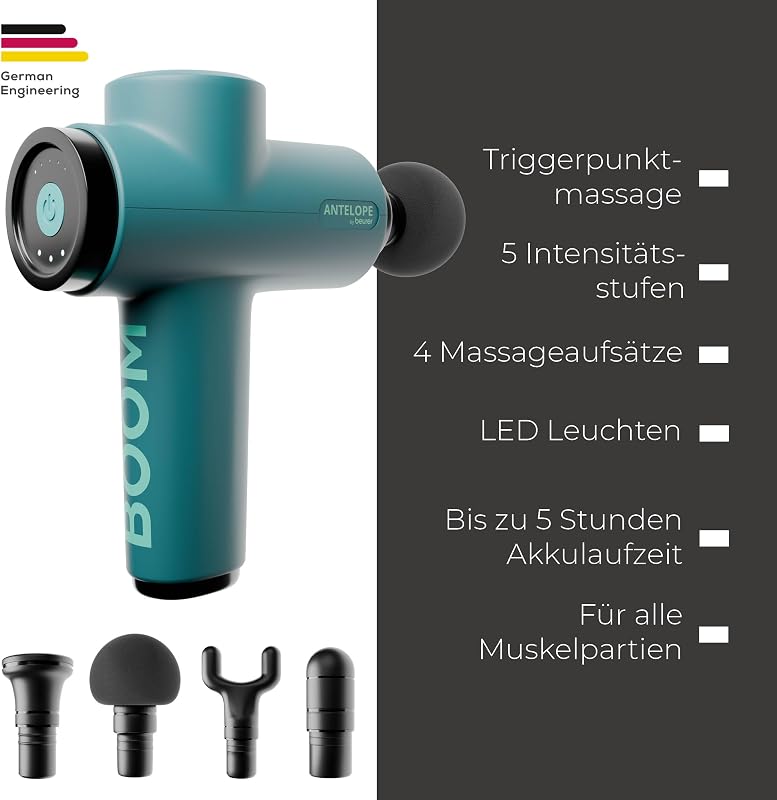 Antelope BOOM Massagepistole, kompakte Massage Gun mit 4 Aufsätzen, für Entspannung und Regeneration, kraftvolle Triggerpunktmassage, Muskelmassagegerät mit 5 Intensitätsstufen & Akku