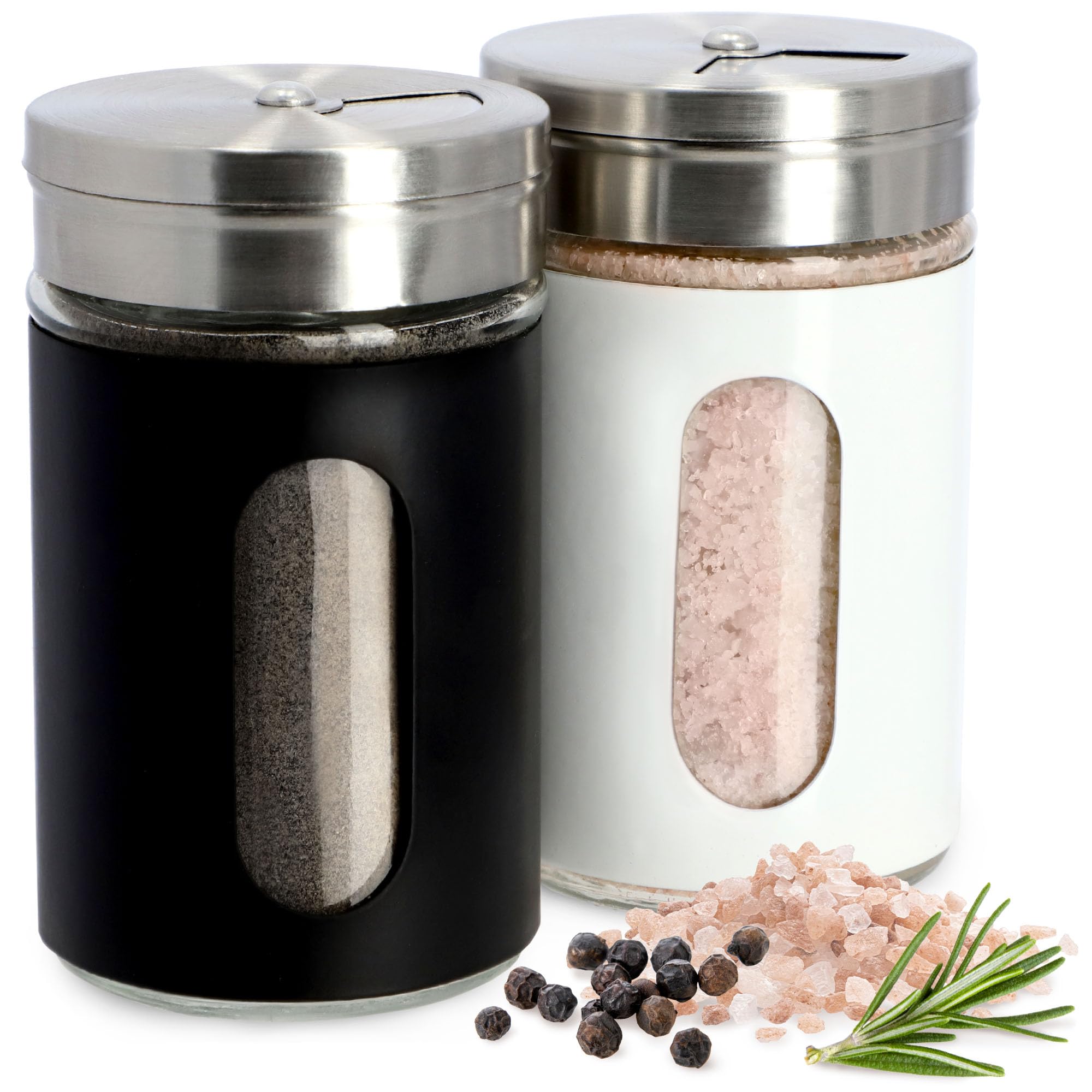 KADAX Salt and Pepper Shakers 90 ml, Stainless Steel and Glass Spice Dispensers with Airtight Lids, Refillable Condiment Set for Kitchen (Black and White)