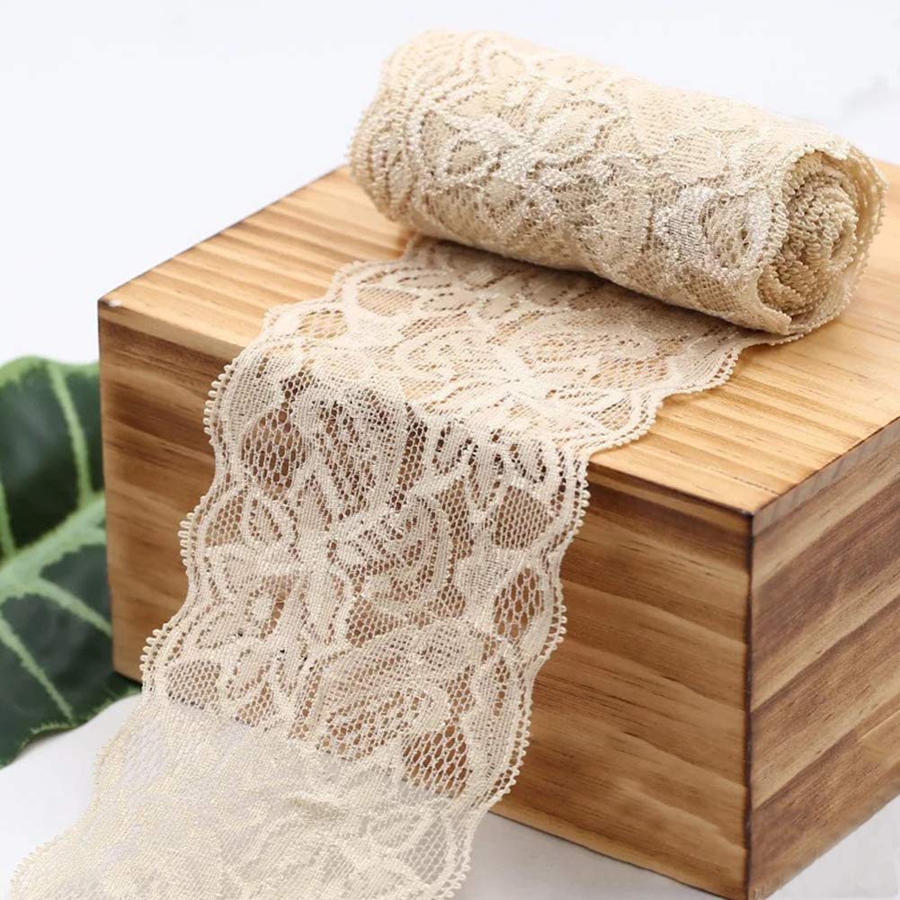 Sewing Coloured Lace Ribbon, JeogYong 2.2 Yards Embroidered Stretch Tulle Lace Trim Bridal Webbing Lace Fabric 8cm Width, Vintage Floral Lace Roll for DIY Craft, Clothes, Party (Beige)