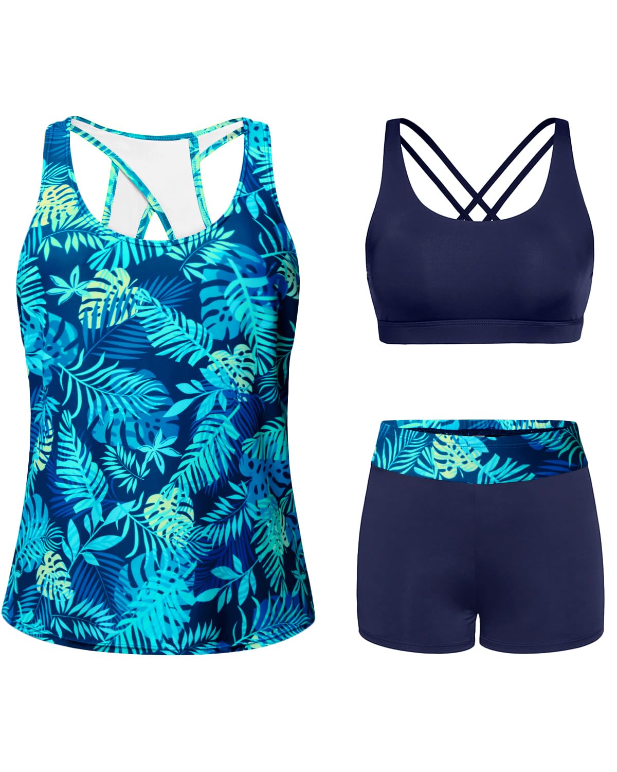 Photo 1 of Tempt Me Blue Leaves 3 Piece Tankini Swimsuits for Women Athletic Bathing Suits Swim Tank Top with Boy Shorts and Bra Modest Swimwear L
