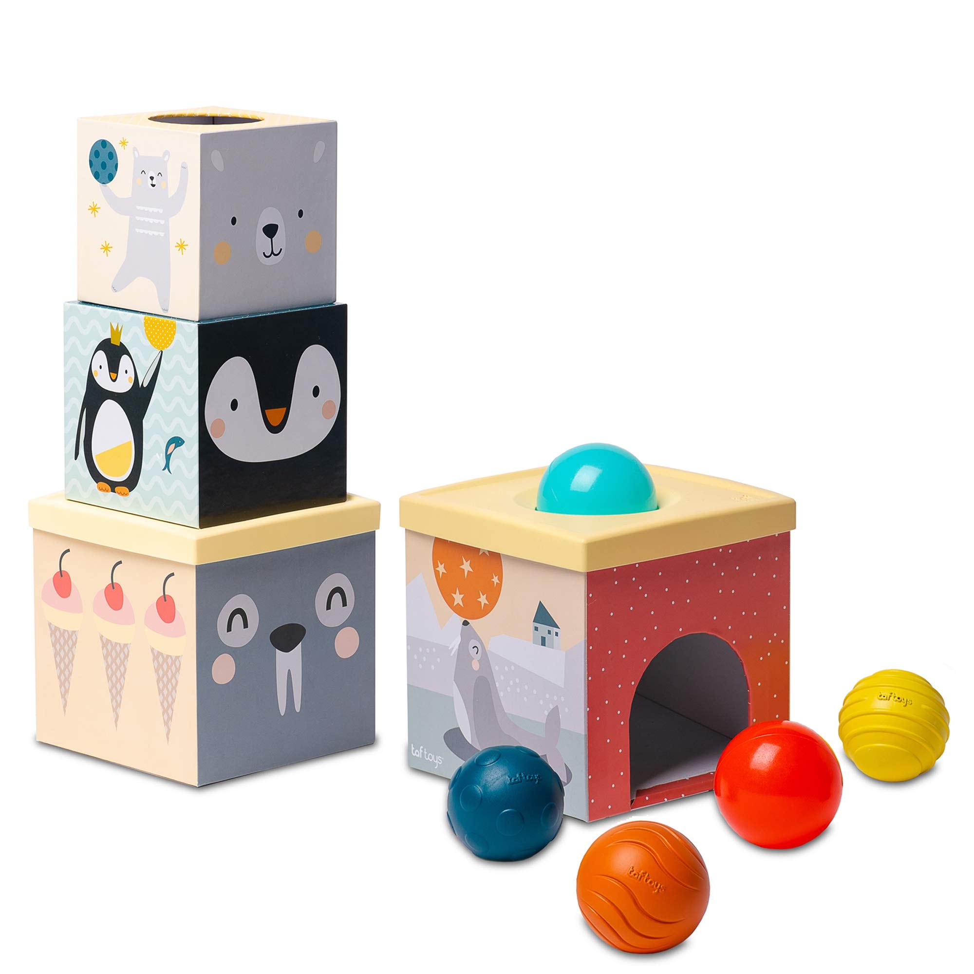 Taf Toys Ball Drop Stacker Toy. Baby Stacking Toy for Tummy Time Developmental Educational Toy. Stack The Tower, Drop and Roll Textured Sensory Balls. Suitable for Baby Boys & Girls from 6 Months +