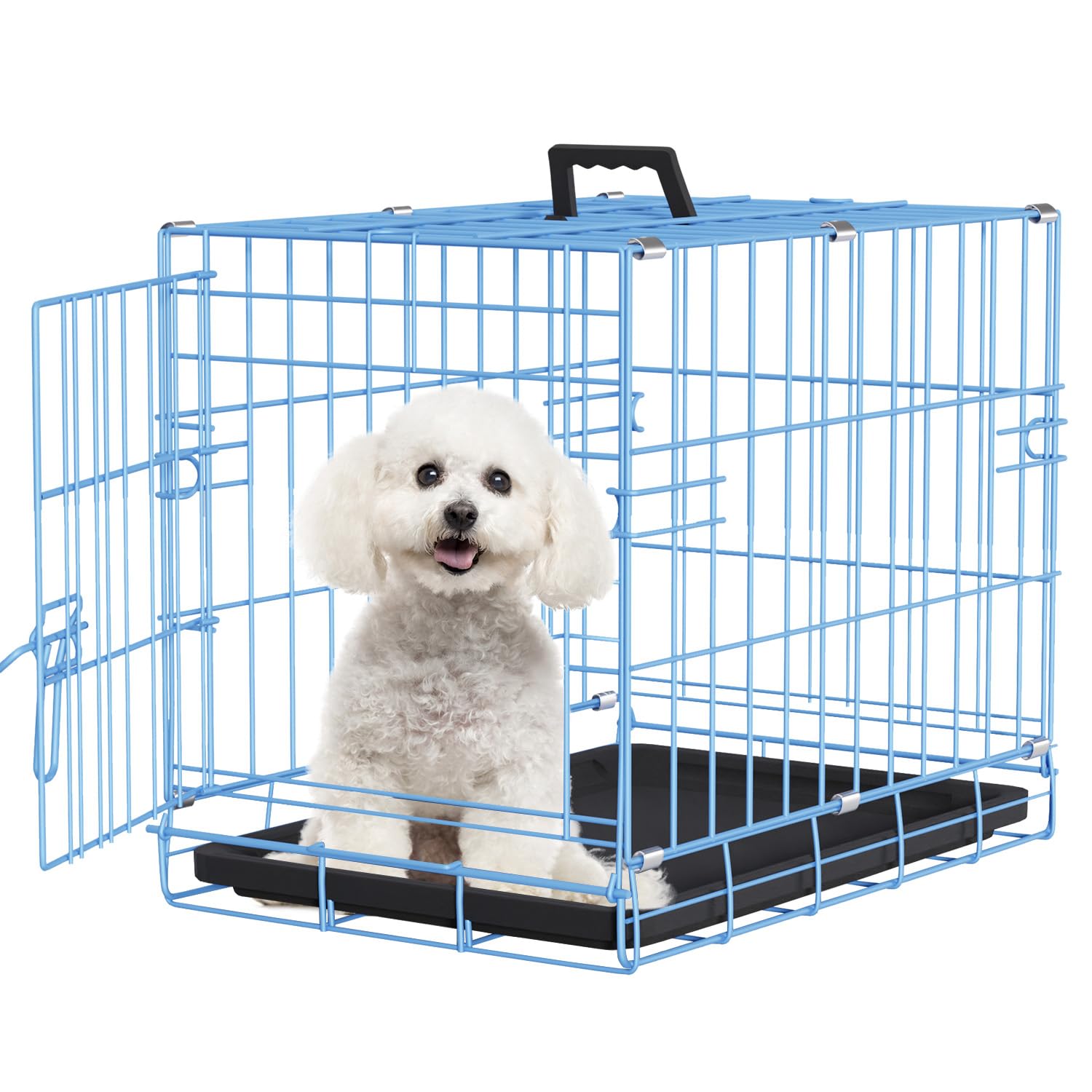 FDW Dog Crate for Small Dogs 18 Inch Folding Metal Wire Pet Cage Single Door W/Divider Panel Indoor Outdoor Kennel Leak-Proof Plastic Tray,Blue Image