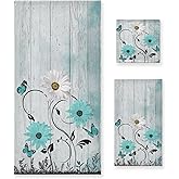 AIYOOLER Teal Aqua White Daisy Flower Bath Towels Set,3 Piece Soft Rustic Butterfly Wooden Towel Set,1 Bath Towel 1 Hand Towel 1 Washcloth,Absorbent Decorative Guest Bathroom Towels for Kitchen Shower