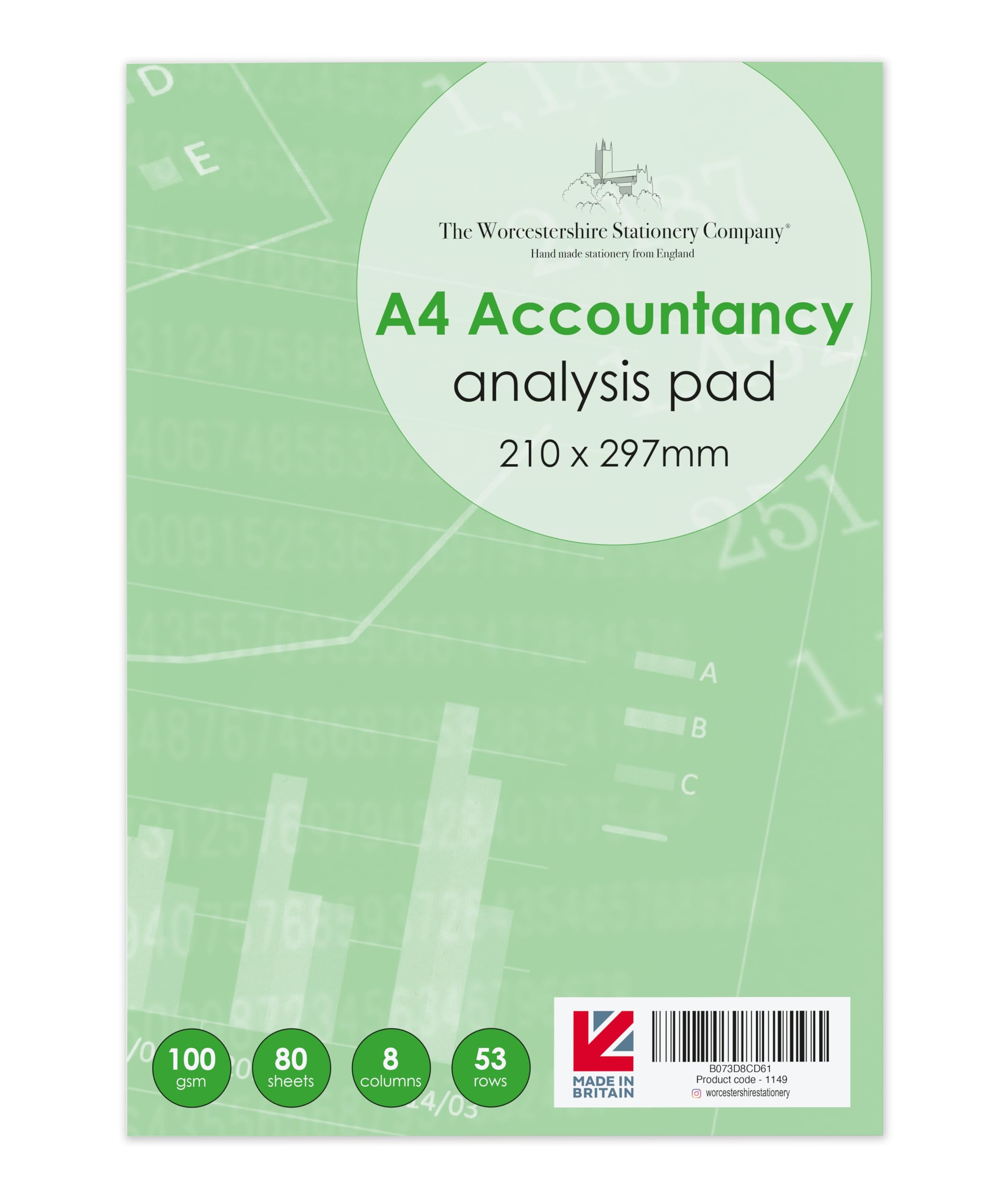 The Worcestershire Stationery Company A4 analysis pad, 53 rows, 8 columns, numbered, 100gsm