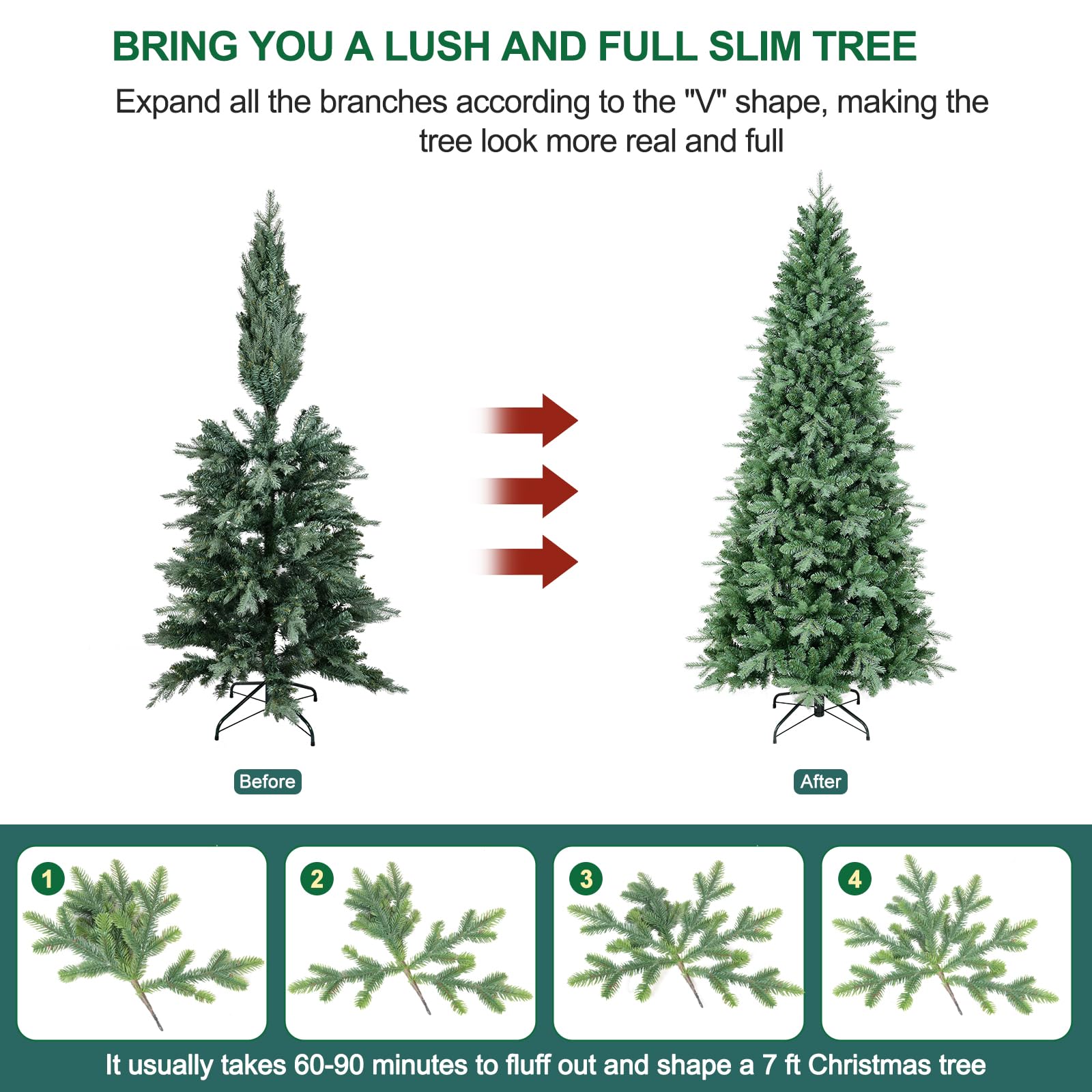 7 FT Prelit Artificial Skinny Christmas Tree,Blue Spruce Slim Pencil Xmas Tree with 1552 PE&PVC Mixed Branch Tips and 400 UL Listed Clear Lights,Hinged Pine Tree with Metal Stand for Home Office Décor