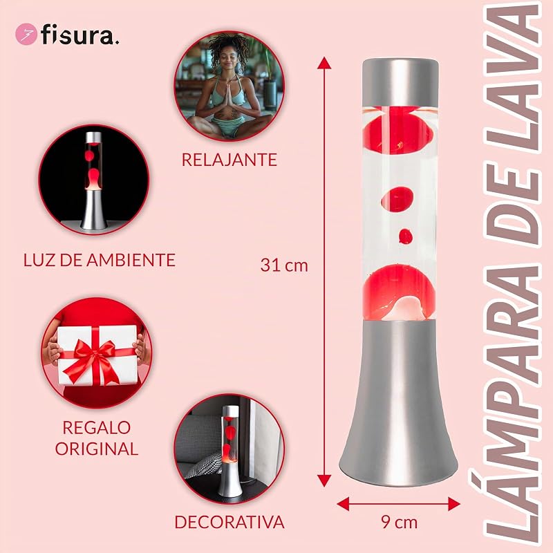 - Lámpara de lava roja. Lámpara de lava de 30 cm con base plateada, líquido transparente y lava roja. Lámpara efecto relajante. 9x9x30 cm