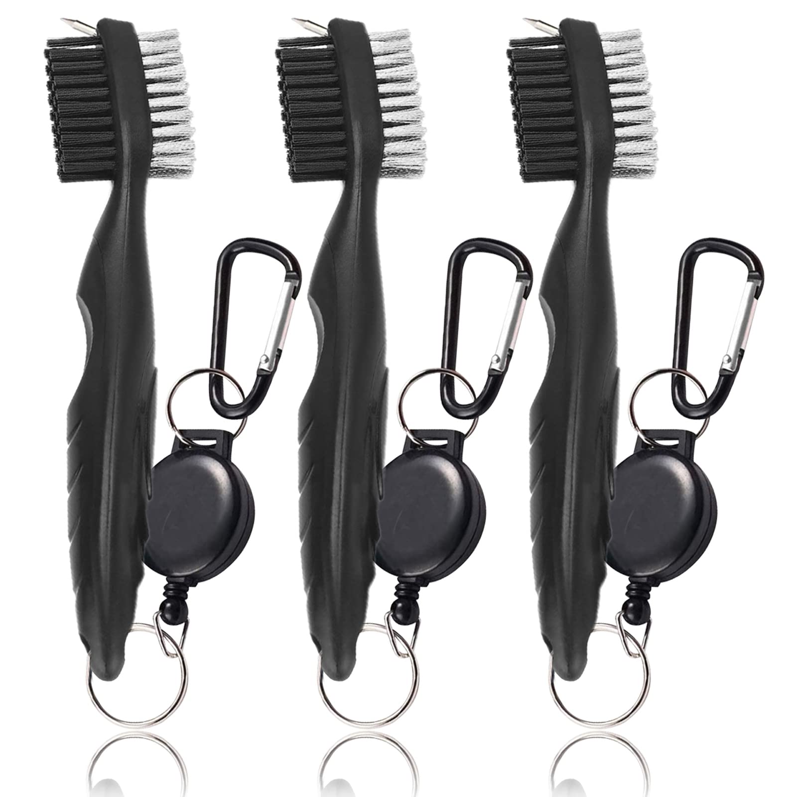 AXKAL Golf Club Brush Groove Cleaner Retractable 2 Ft Zip-line, Gof Aluminum Carabiner-Lightweight Stylish-Easily Attaches to Golf Bag Sports Outdoor for Men Women (3 Pack Black)