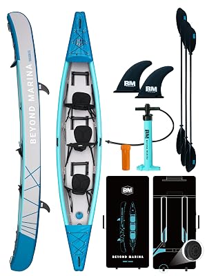 BEYOND MARINA Inflatable Kayak 3 Person Adult- Drop Stitch Triple Kayak | with Aluminum Paddles, Seats, Footrests, Pump, Fins, Mariner 15.1ft