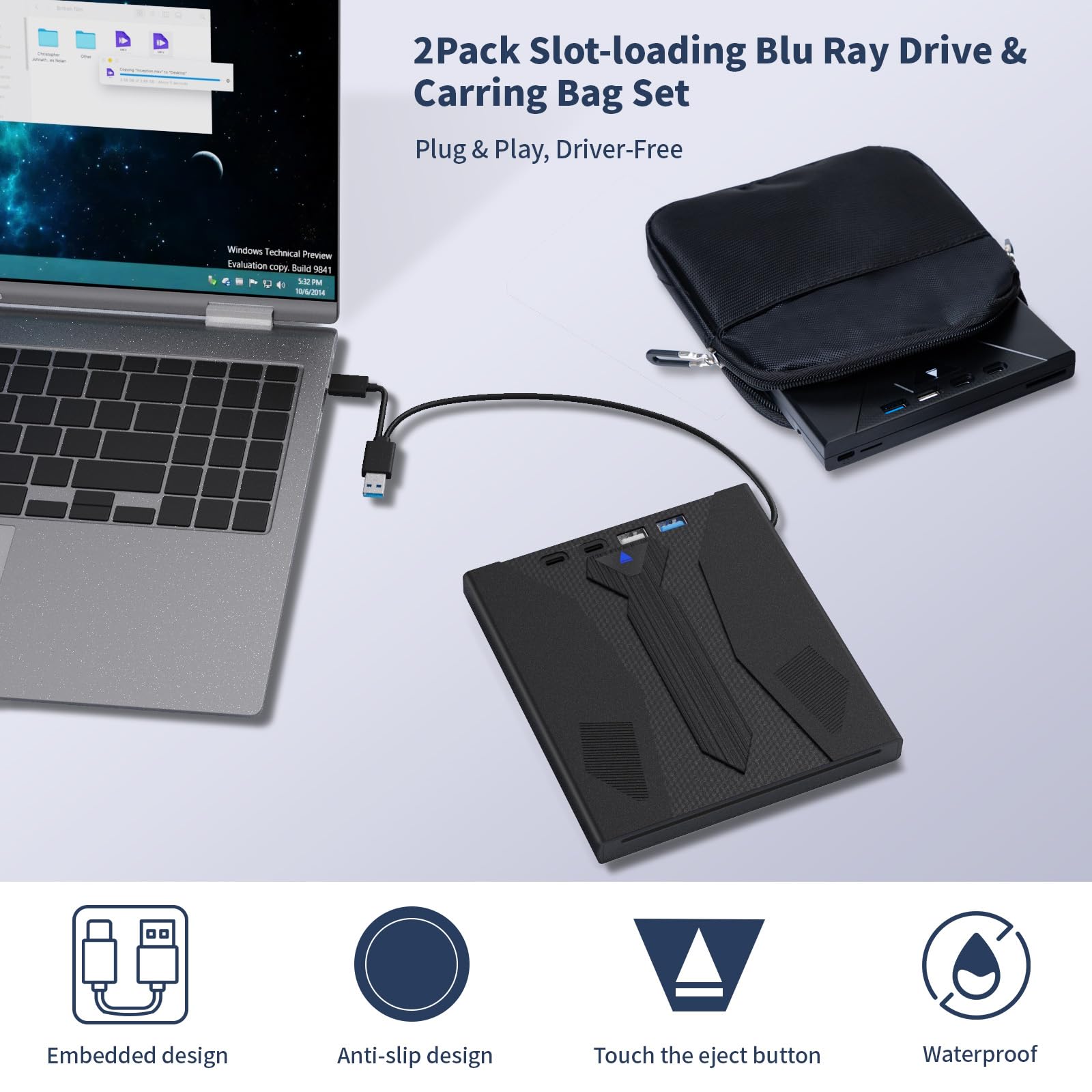8 in 1 External Blu Ray Drive, Support 100G Disc USB 3.0 and Type-C Blu Ray Burner Portable Blu Ray DVD/CD/BD Player, 3D Optical Bluray Drive Compatible with Windows Macos for MacBook Laptop Desktop