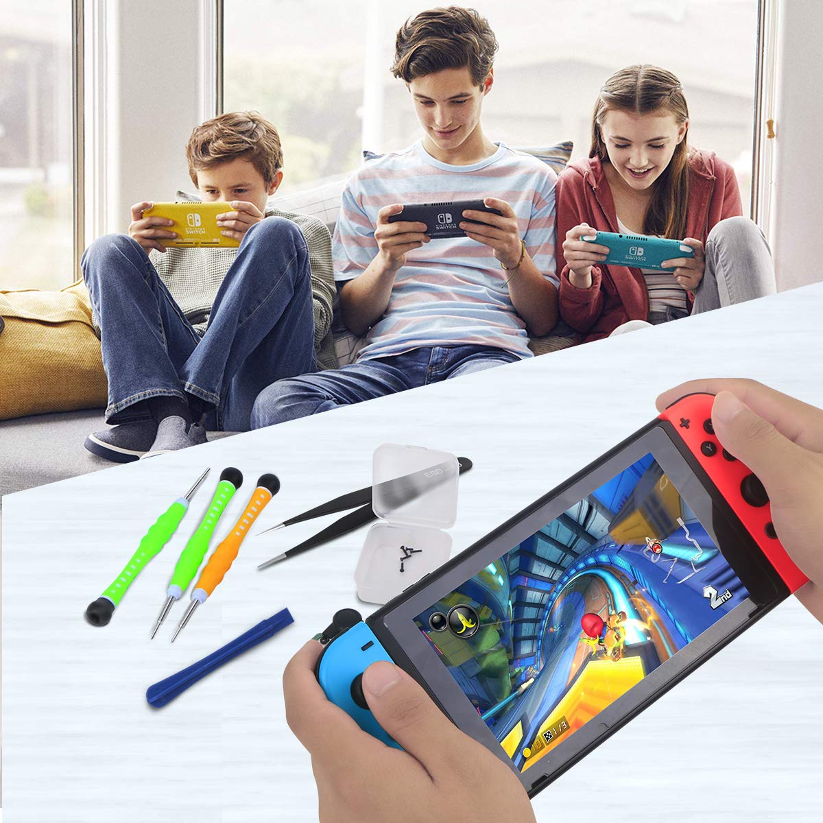 Joycon Joystick Replacement, Nintendo Switch Joy Con Grip Accessories, 3D Replacement Joystick,(24Pcs) -Include 2 Pack Switch Analog Thumb Stick,Tri-Wing,Cross Screwdriver,Pry Tools,4 Thumbstick Caps