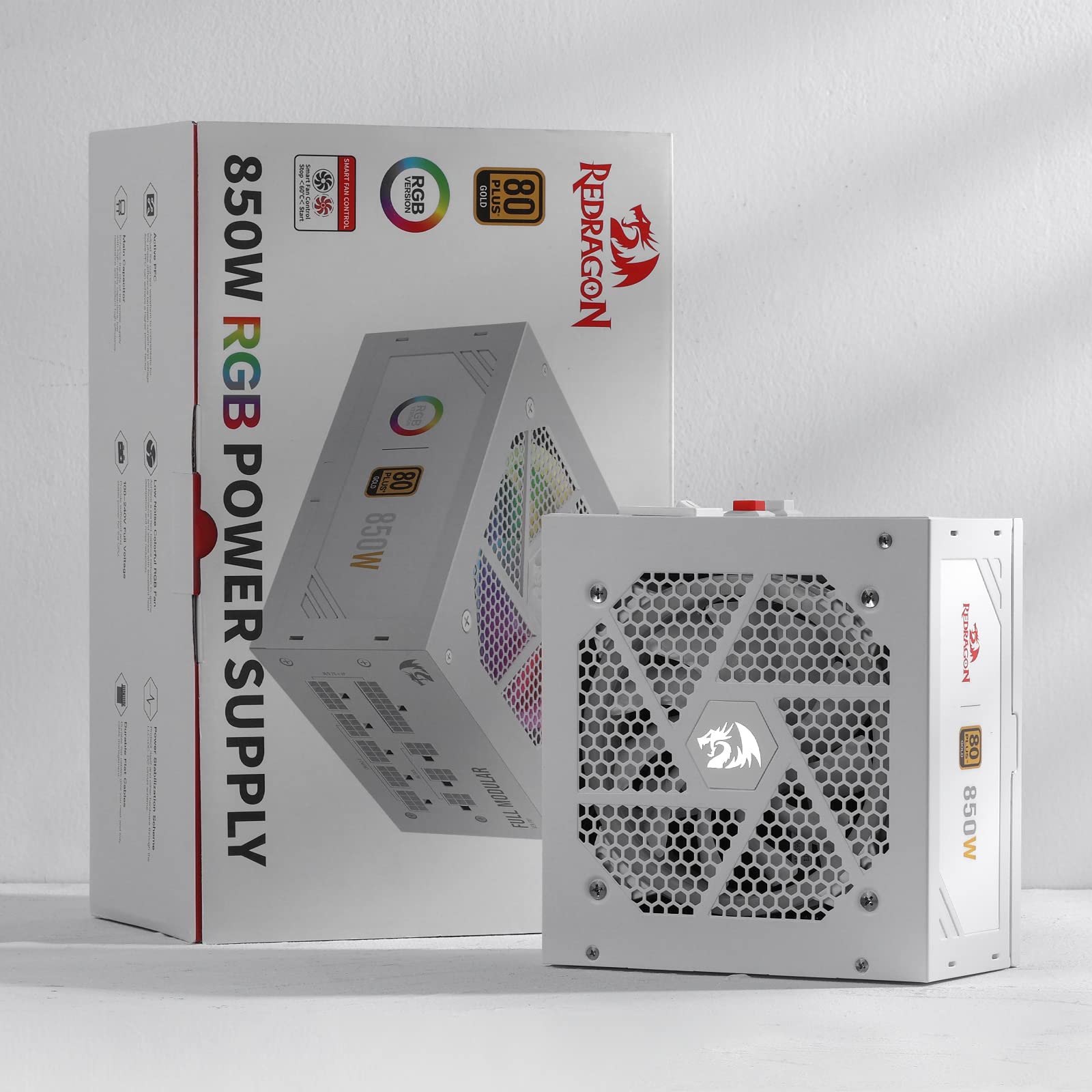 Redragon RGPS-850W 80+ Gold 850 Watt Power Supply w/Upgraded ATX 3.1 & PCIe 5.1 Fully Modular, 12VHPWR Cable Included, 100% Japanese Capacitors, Smart ECO Low Noise RGB Fan, Compact 160mm Size