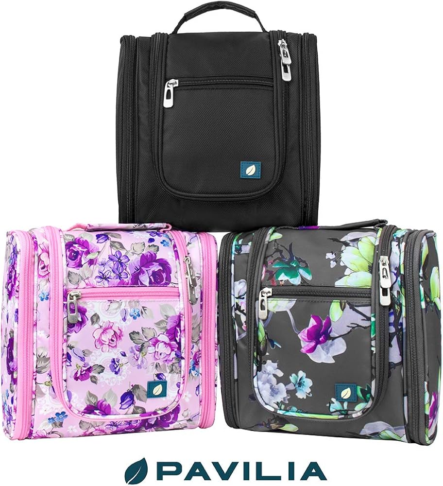 PAVILIA Hanging Travel Toiletry Bag Women Men | Hygiene Bag, Bathroom Toiletry Organizer Kit for Cosmetics, Makeup, Toiletries Accessories (Floral Grey): Clothing