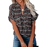 Allimy Women Summer Casual Split V Neckline Floral Chiffon Blouses Loose Tunic Short Sleeve Tops