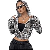 Floerns Women's Leopard Print Long Sleeve Cropped Hoodie Zip Up Sweatshirts Jacket