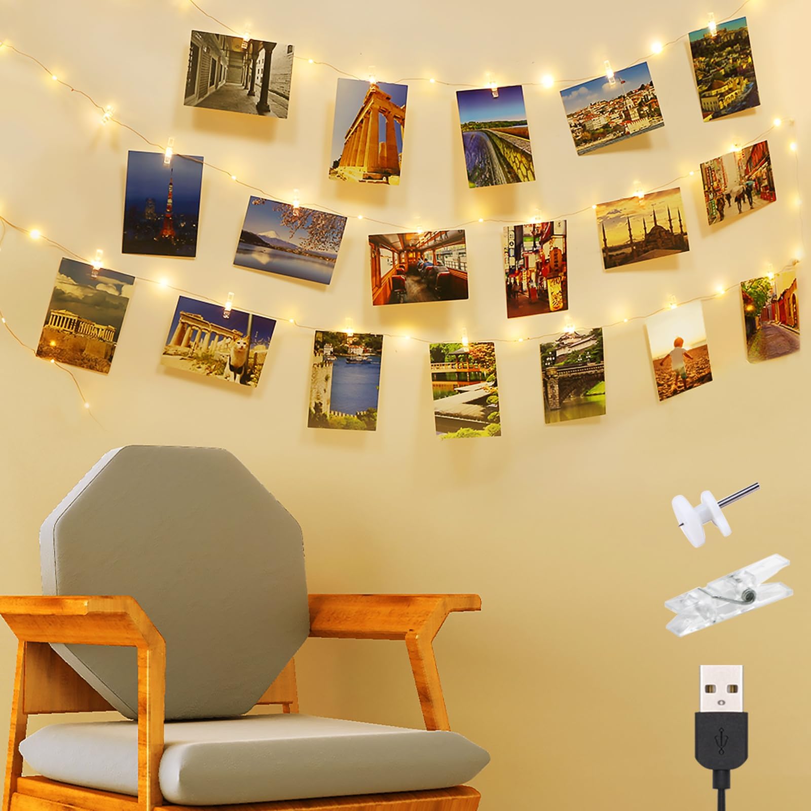 litogo USB Powered Photo Clip String Lights, 50LED 5M Photo Peg Fairy Lights with 30 Clips Indoor, Copper Wire Hanging String Photo Frames Decoration for Bedroom Wedding Party Christmas