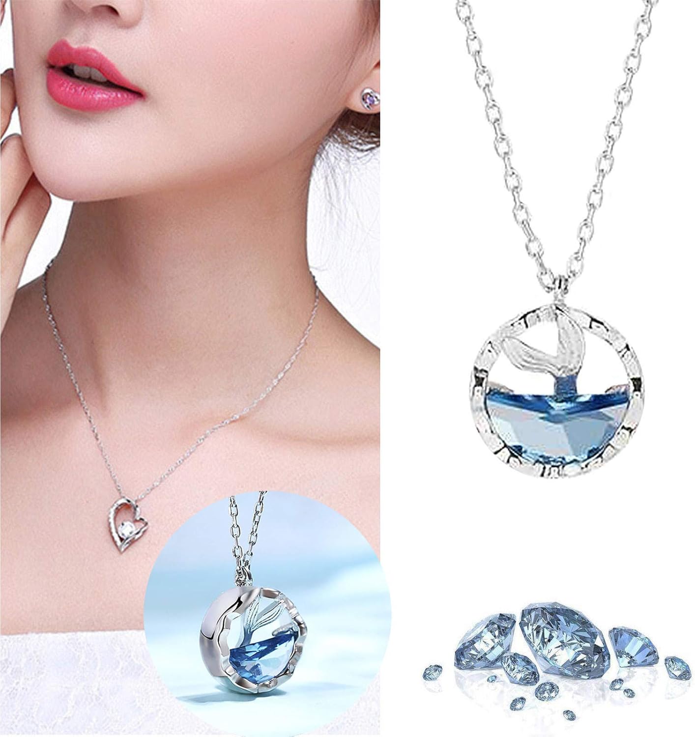 Mermaids Tears Necklace Crystal Teardrops Collarbone Chain Fishtail Pendant Jewelry Gift for Christmas and Valentines Day Baomabao Creative Ocean Blue Crystal Pendant for Women Girls