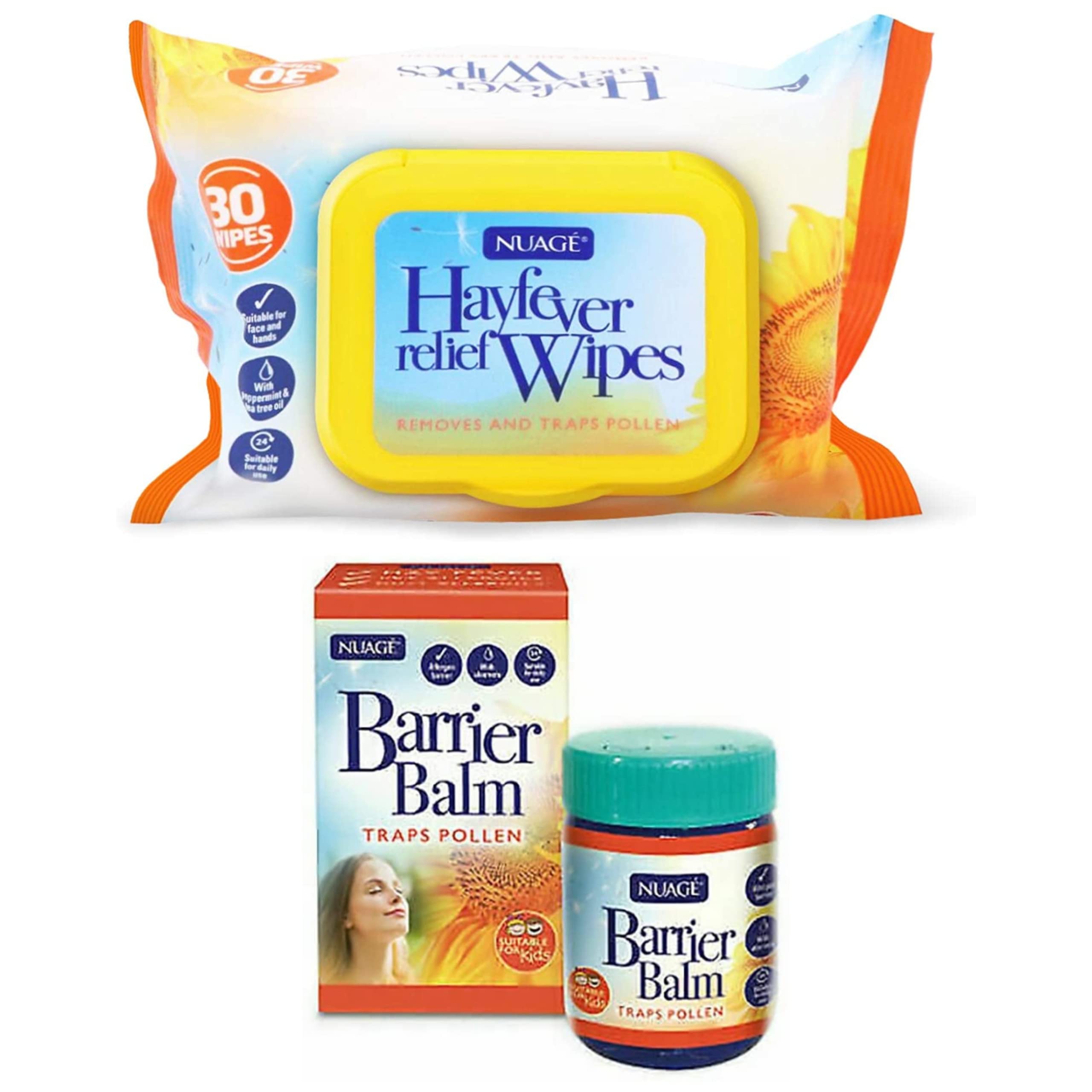 Nuage Hayfever Wipes and Allergen Barrier Balm | Allergy Relief Wipes and Balm| Natural Remedy for Hay Fever 30 Resealable Wipes | Suitable for Face and Hands (1 x 30 Wipes and 1 x Balm)