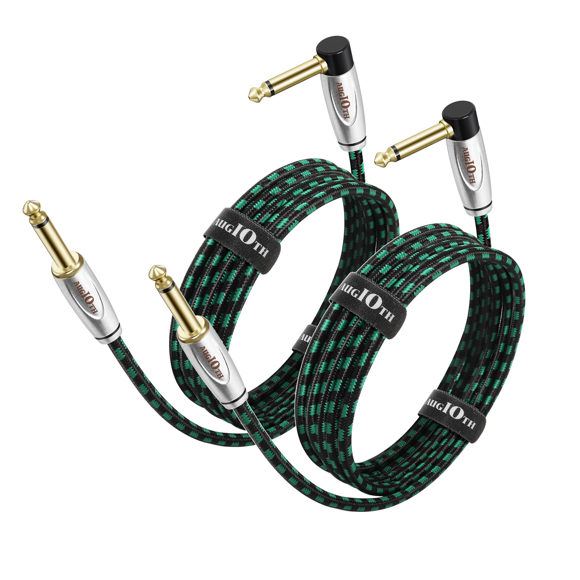 Augioth Guitar Cable 3 Meter 2 Pack, Electric Instrument Bass Cable AMP Cord 1/4 Straight to Angled Black and Green Braided
