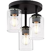 VAXCEL Park Ridge 3-Light 10.5 in. Wide Matte Black Transitional Cylinder Flush Mount Lighting Fixture, Clear Glass Shade, LE
